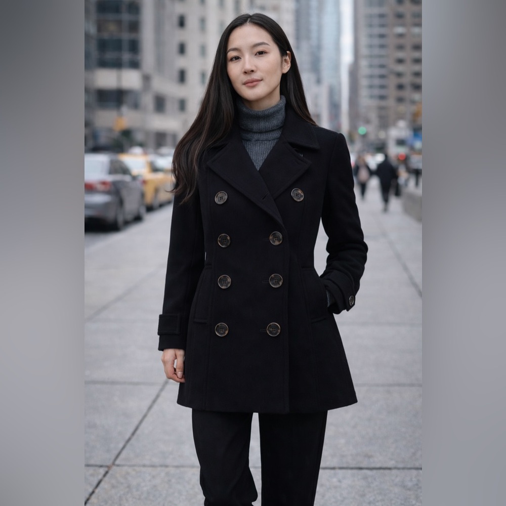 BAILEY 44 Black Double-Breasted Pea Coat – Tailored Wool-Blend Style